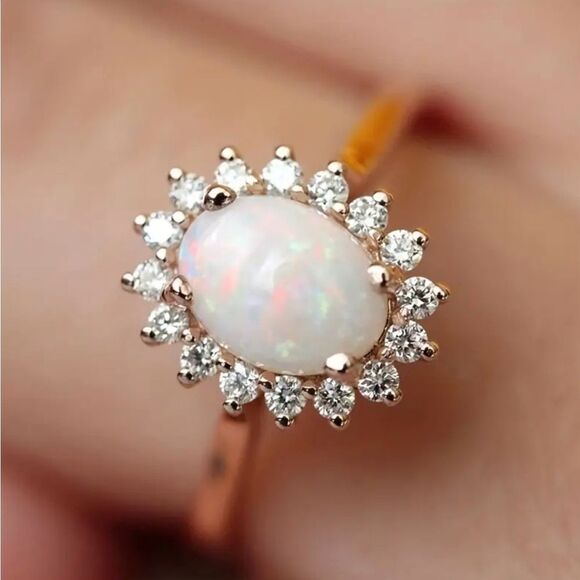 Opal Cubic Zirconia Halo Gold Tone Ring Size 8 NWT - Picture 1 of 6